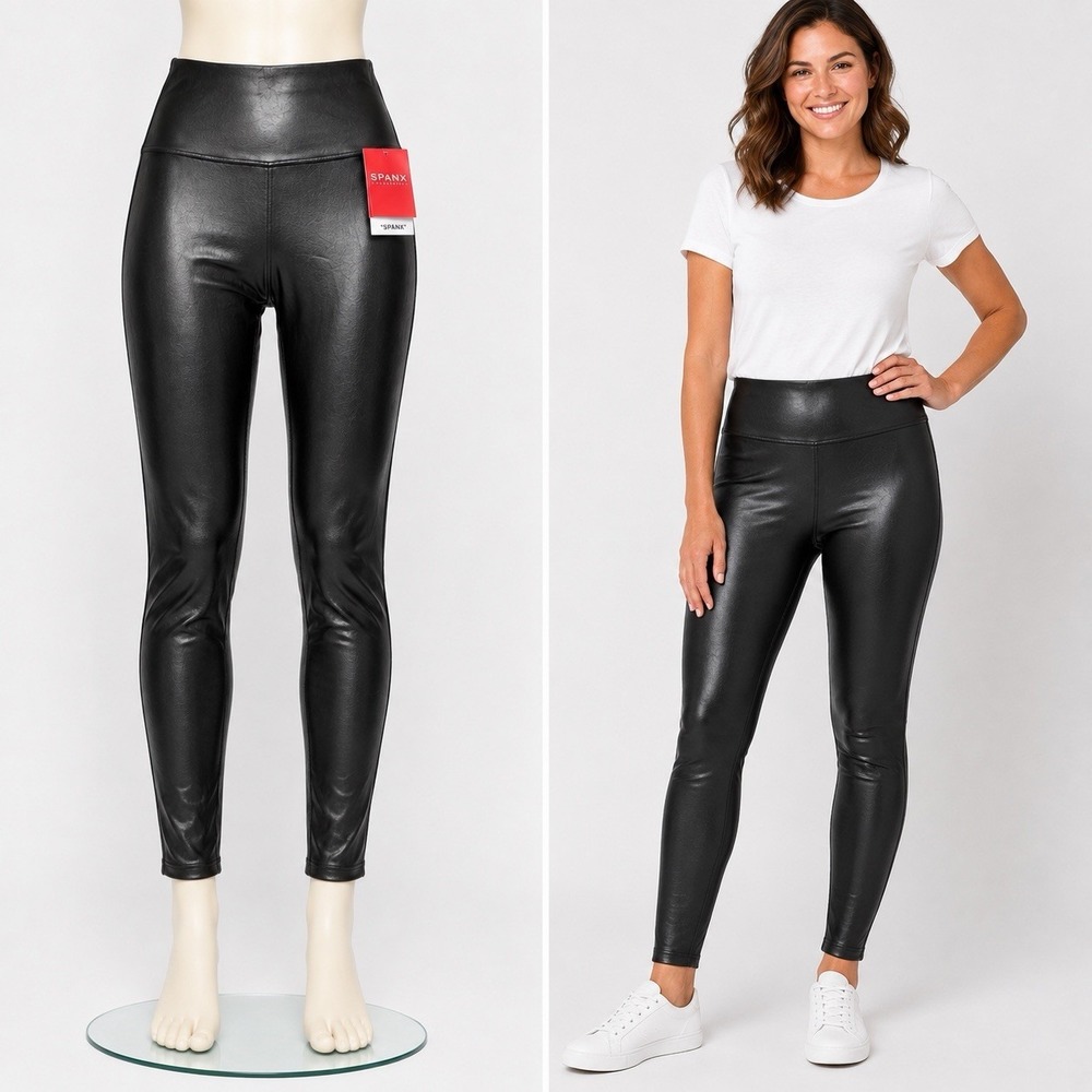 Spanx Faux Leather Leggings Womens Large Black Shaping Stretch Sleek A278540